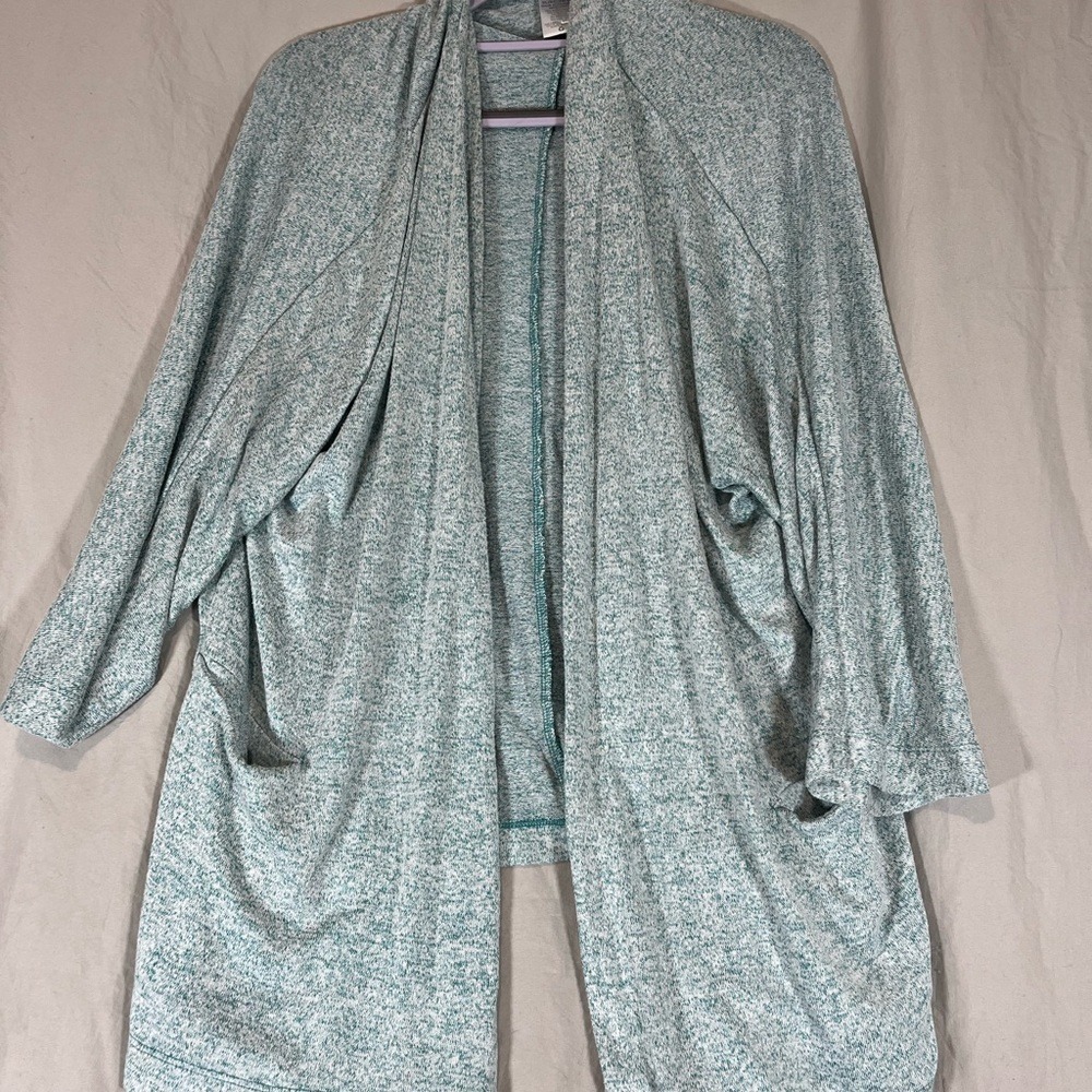Time and Tru Womens XL Teal Heathered Open Front Draped Cardigan Sweater Pockets